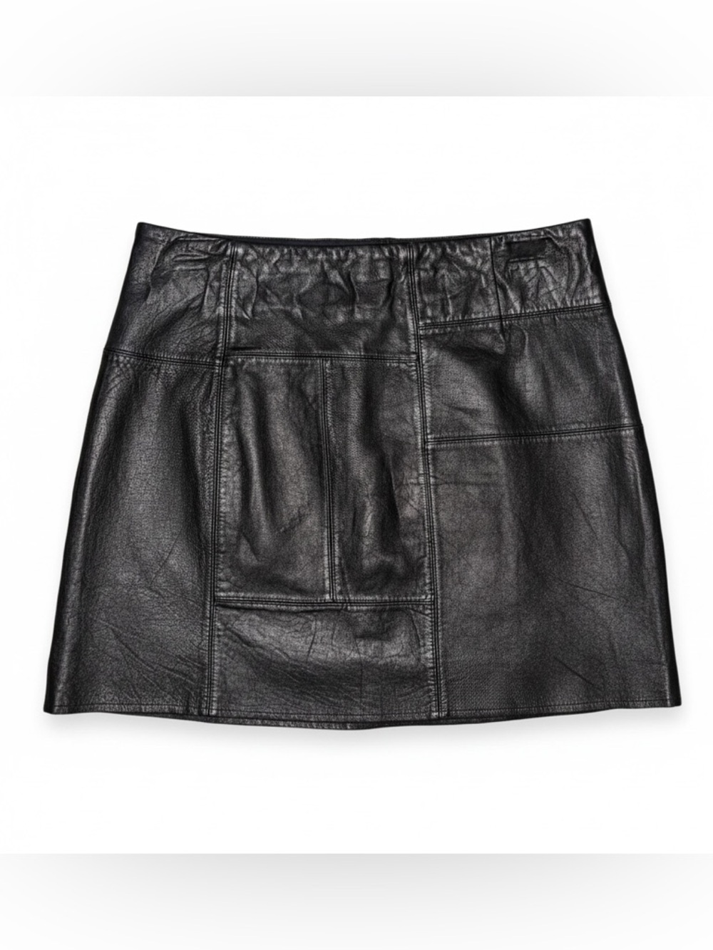 Black Leather Mini Skirt Panel Patchwork NWOT Lined Back Zip XS